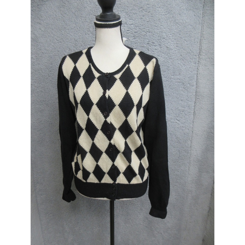 Vintage 90s Villager Argyle Cardigan Sweater Women S Black Preppy Academic Mod